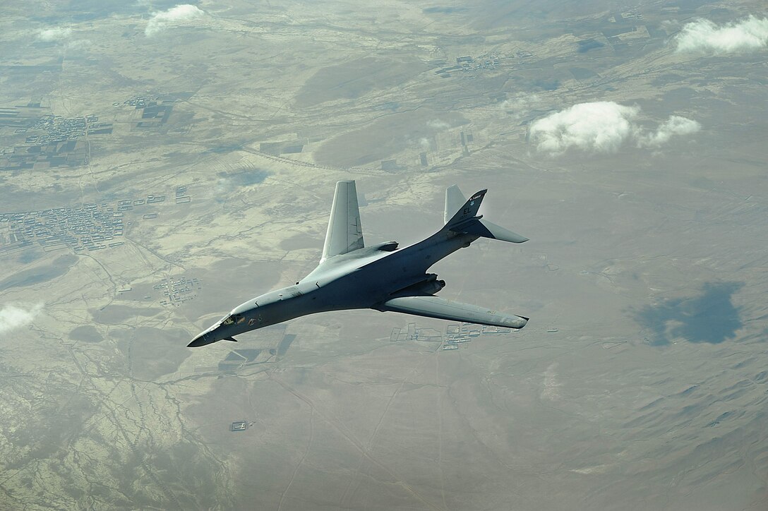 Air Force officials are considering High Velocity Maintenance, or HVM, at Tinker Air Force Base, Okla., for the B-1B Lancer such as this one flying a mission over Afghanistan. If HVM is approved, it will  be significant change in how the Air Force maintains its aircraft.  HVM provides a fix before something breaks through a more comprehensive analysis of each aircraft. (U.S. Air Force photo) 