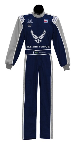 The first Air Force-themed Indy team uniform by Luczo Dragon Racing - owners of race car no. 2.  Luczo Dragon Racing will display the Air Force Symbol free of charge during the 2009 race season, including the Indy 500. 
