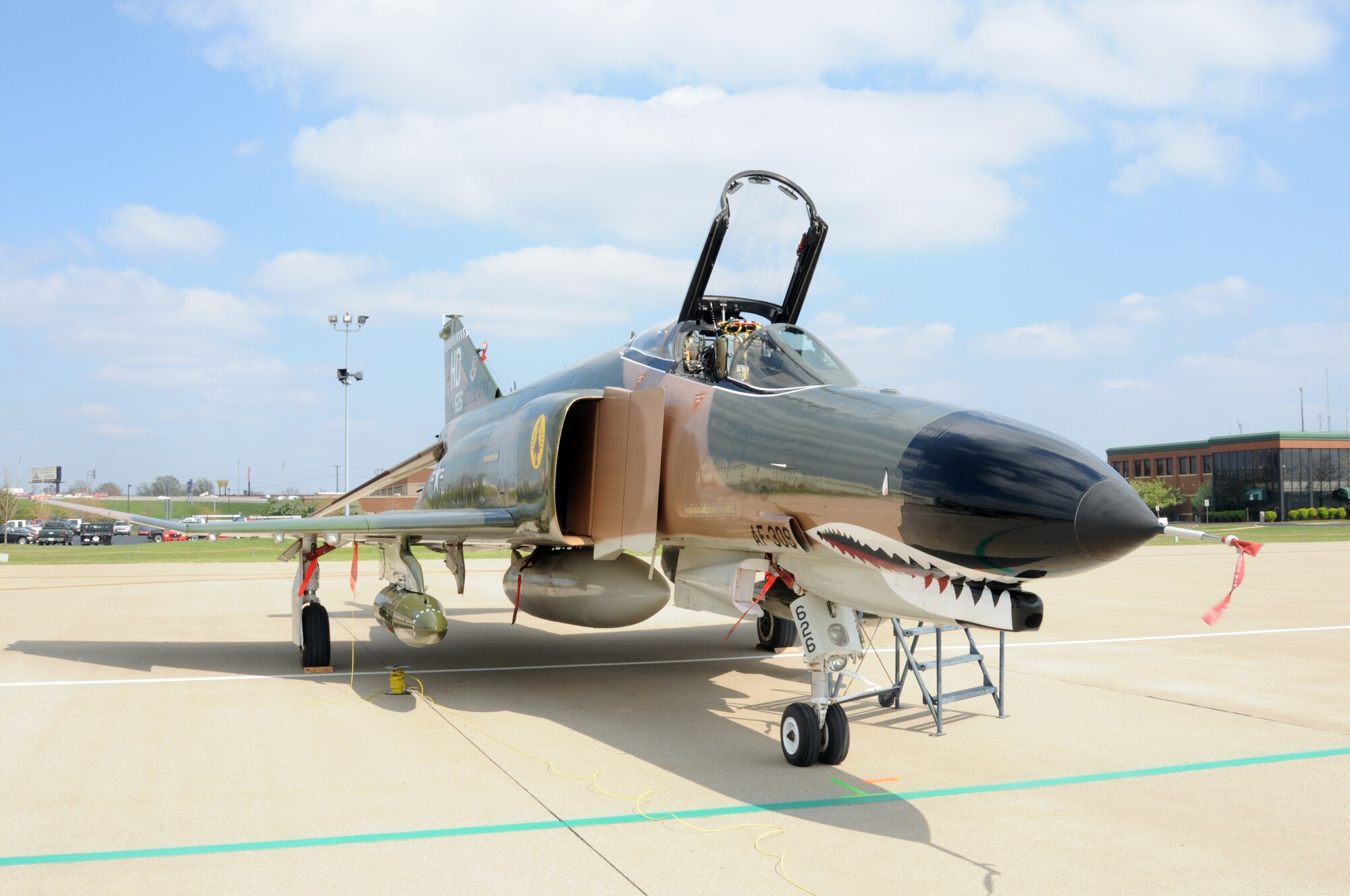 An F-4 Phantom sits on the flightline at the Kentucky Air National Guard Base on April 16.  The F-4 demo team, based at Holloman Air Force Base, N.M., will be participating in this weekend's Thunder Over Louisville air show. (USAF photo by Tech. Sgt. Phil Speck.)