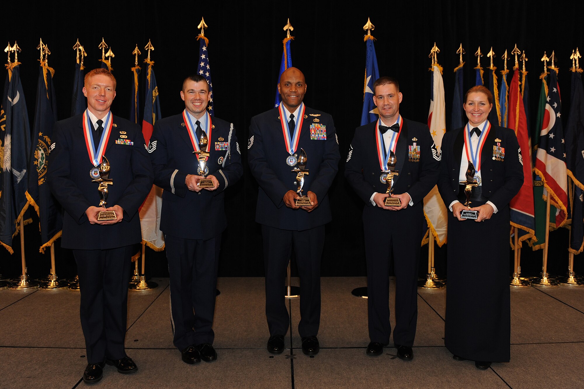 OFFUTT AIR FORCE BASE-- Congratulations to Air Combat Command's 2009 Outstanding Airmen of the Year (from left): Outstanding Airman Senior Airman Alexander Royal, Fort Carson Army Installation, Colo.; Outstanding Honor Guard Program Manager Tech. Sgt. Theron Lord, Jr., Davis-Monthan AFB, Ariz.; Outstanding NCO Tech. Sgt. Illyas Asaddullah, Nellis AFB, Nev.; Outstanding First Sergeant Master Sgt. Christopher Fowler, Mountain Home AFB, Idaho; Outstanding Senior NCO Senior Master Sgt. Tamara Olson, Langley AFB, Va. Outstanding Honor Guard Member Senior Airman Timothy Johnson, Ellsworth AFB, S.D. was unable to attend the ceremony. 

U.S. Air Force Photo By: Josh Plueger