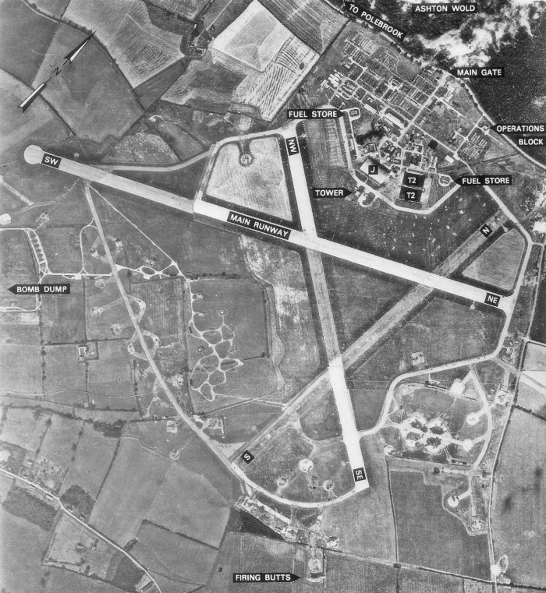 Polebrook Airifleld as it looked in 1945 at the conclusion of World War II.  After the war, the field which has now been returned largely to agricultural use, was used between 1959 and 1963 as a Thor Missile Base.  It was from this wartime airfield that Flying Officer Mason flew his missions. (Courtesy Photo)