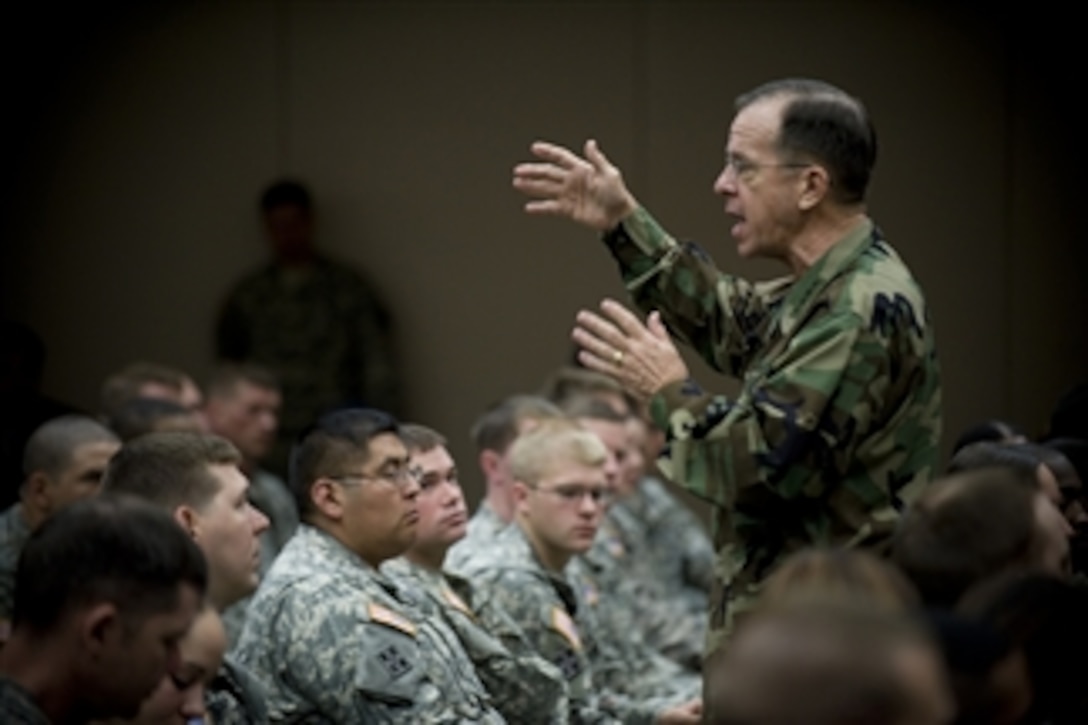 Chairman of the Joint Chiefs of Staff Adm. Mike Mullen, U.S. Navy, answers questions during an all-hands call with soldiers assigned to Fort Hood, Texas, on April 16, 2009.  Mullen is on a four-day tour of installations visiting service members in the Lone Star state.  