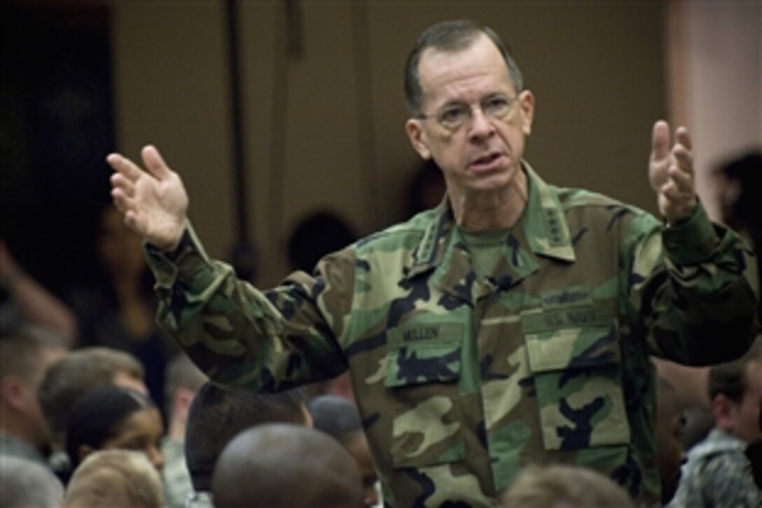 U.S. Navy Adm. Mike Mullen, chairman of the Joint Chiefs of Staff, answers questions during an all-hands call with soldiers at Fort Hood, Texas, April 16, 2009.