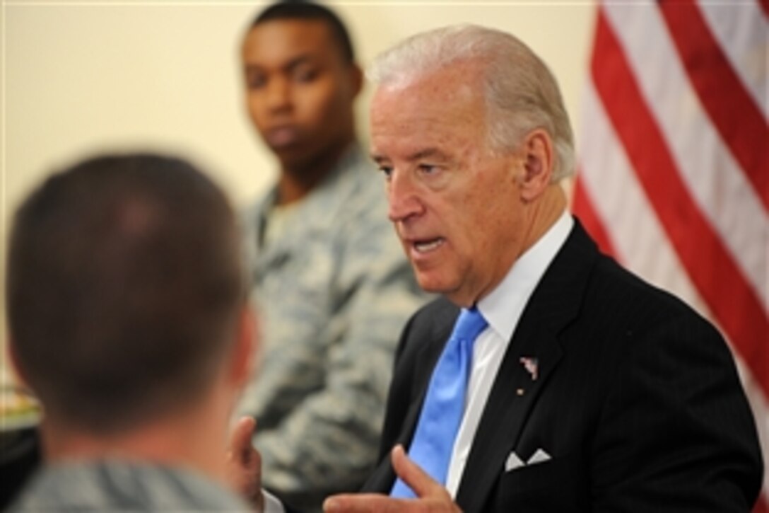 Vice President Joe Biden speaks to members of team Whiteman, April 16, 2009, at Whiteman Air Force Base, Mo., Biden said the nation owes them gratitude and support for their service in Afghanistan, Iraq, and Bosnia.