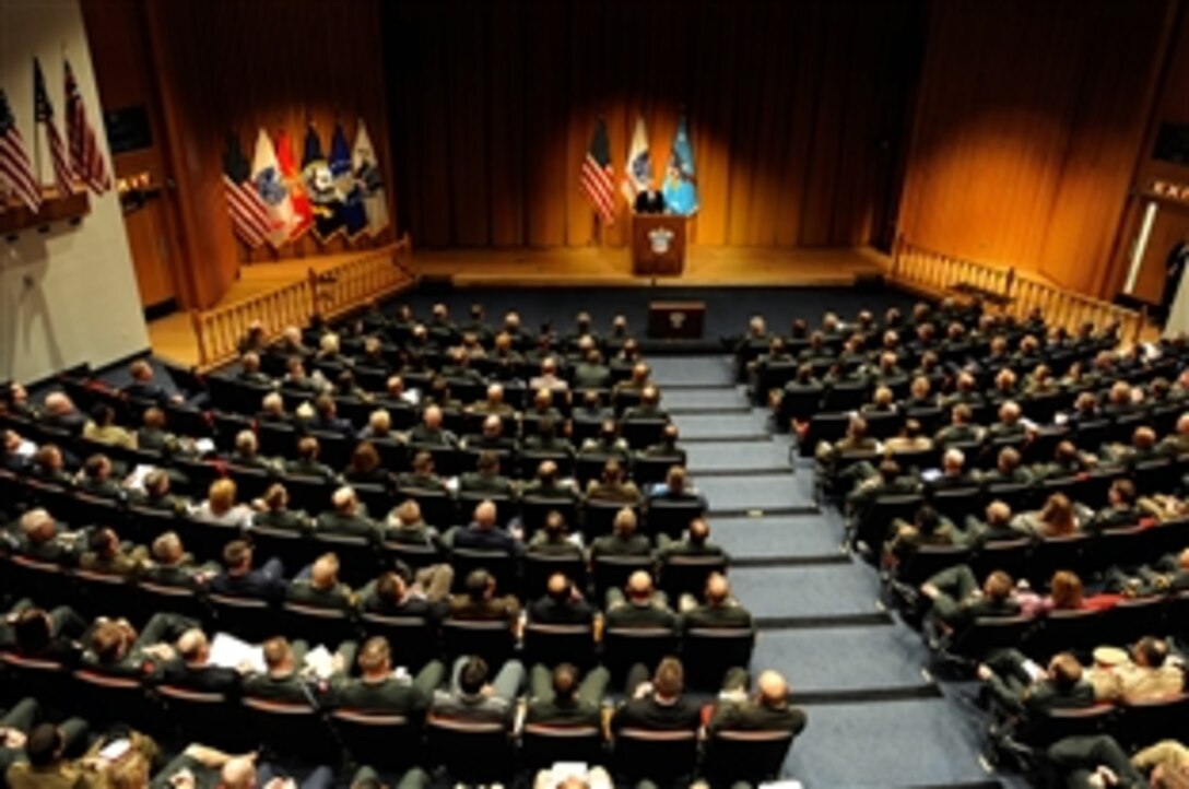 Defense Secretary Robert M. Gates delivers remarks to students at the U.S. Army War College in Carlisle Barracks, Pa., April 16, 2009. Gates is on a four-day trip to talk to attendees of the military's war colleges.