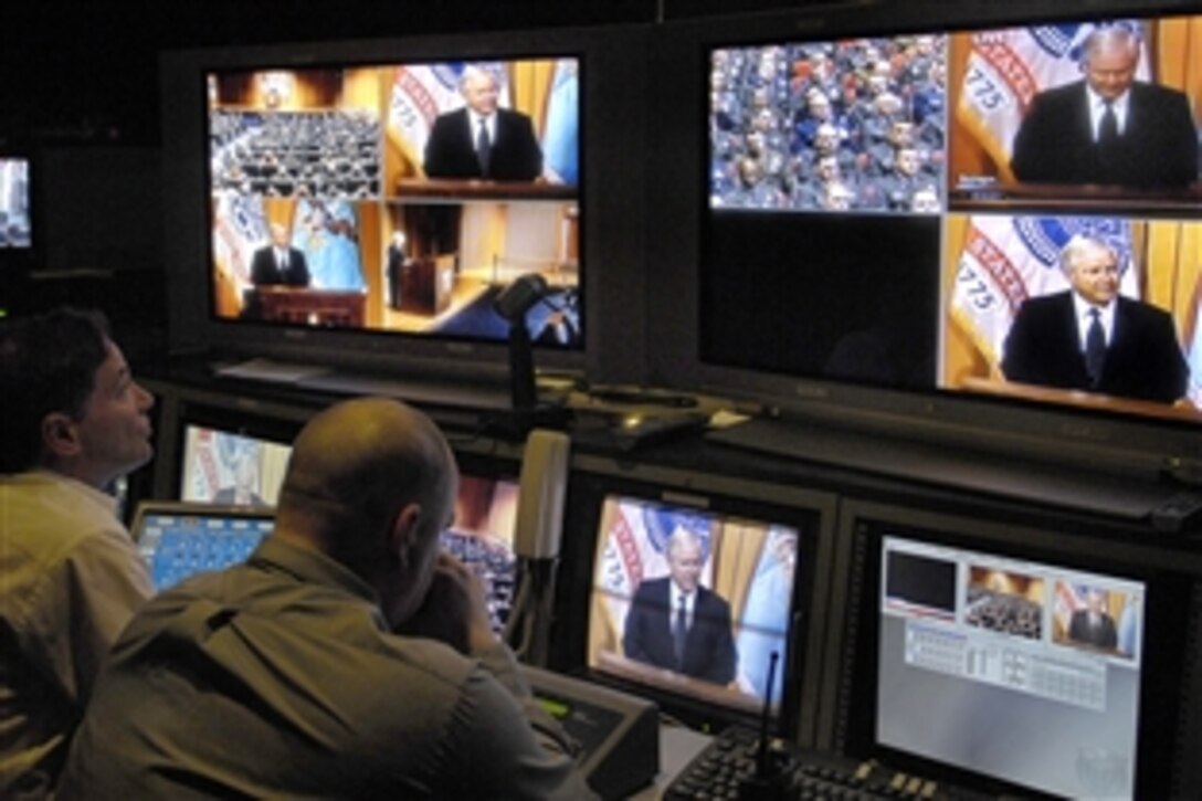 Defense Secretary Robert M. Gates is televised during his speech at the U.S. Army War College in Carlisle Barracks, Pa., April 16, 2009. 