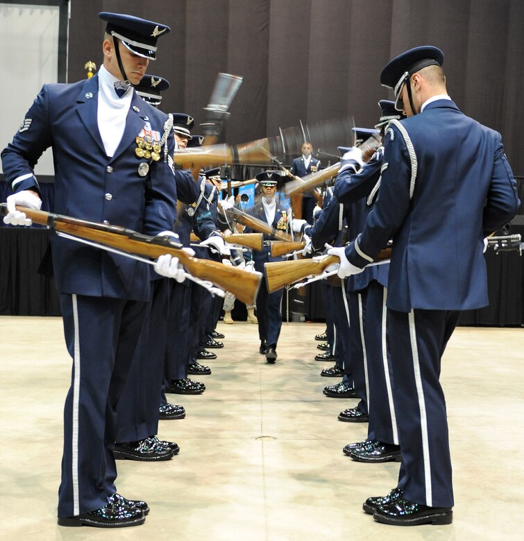 LANGLEY AIR FORCE BASE, Va.-- Members of the Air Force Honor Guard perform during opening ceremony of the Hampton Roads Air Force Week April 18. The ceremony kicked off a week of activities that will allow the community an opportunity to meet Air Force members, see how they help protect America, and allow them to say “thank you” for their support. (U.S. Air Force photo/Airman 1st Class Gul Crockett)