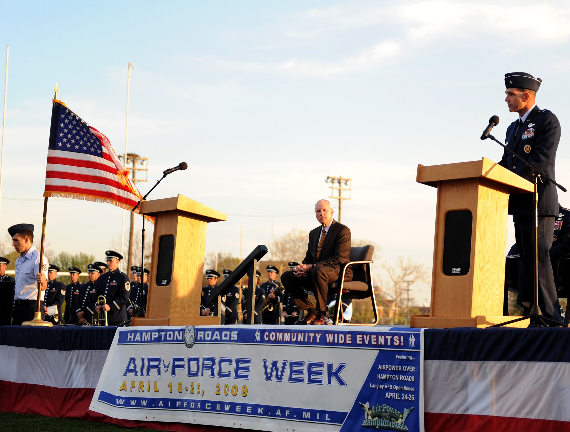 LANGLEY AIR FORCE BASE, Va.-- Brig. Gen. Mark A. Barrett, 1st Fighter Wing commander, speaks to the crowd at the opening ceremony of the Hampton Roads Air Force Week April 18. The ceremony kicked off a week of activities that will allow the community an opportunity to meet Air Force members, see how they help protect America, and allow them to say “thank you” for their support. (U.S. Air Force photo/Airman 1st Class Gul Crockett)