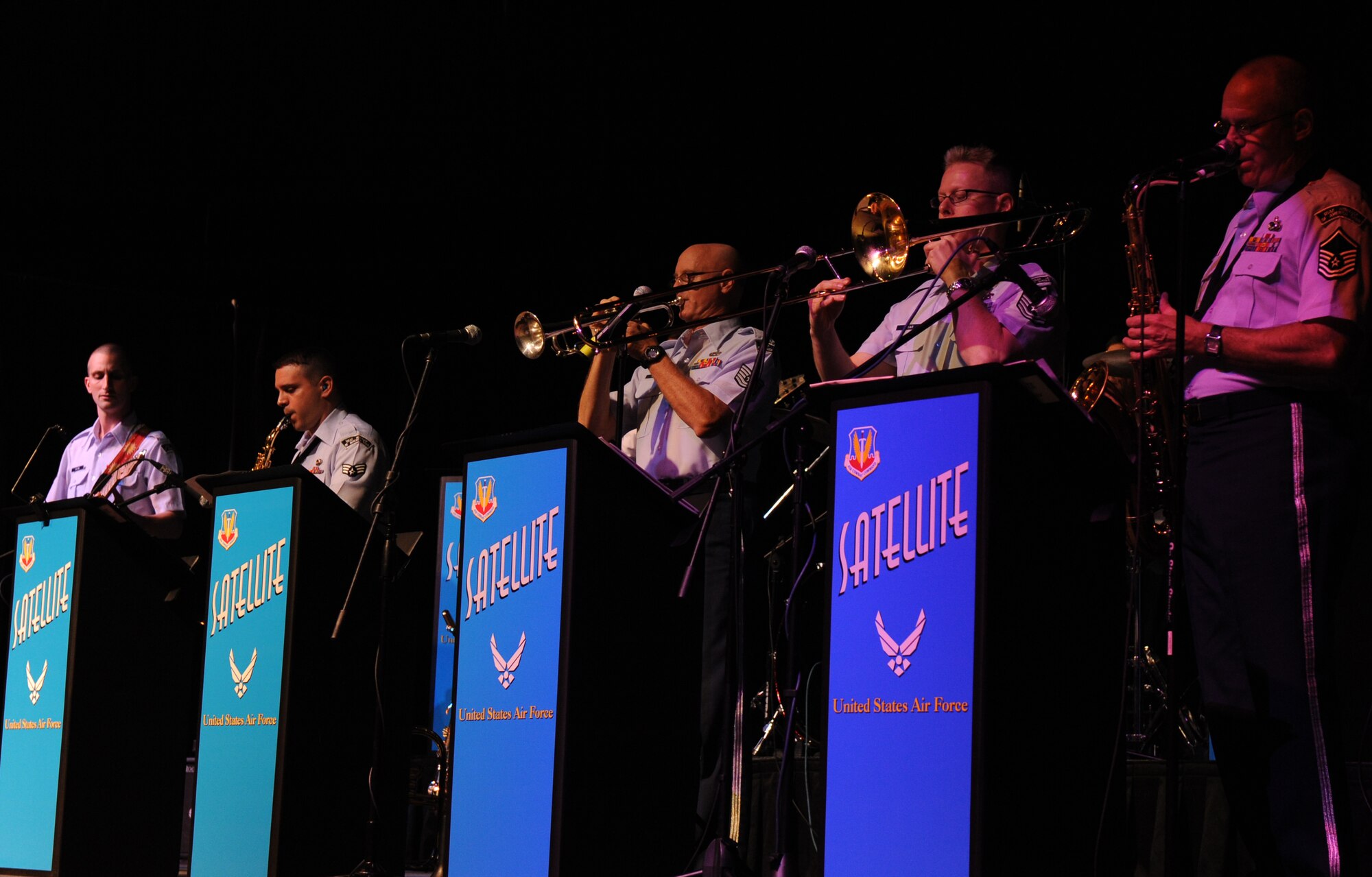 LANGELY AIR FORCE BASE, Va. -- Members of the Air Force Heritage Band ensemble, Satellite, perform during the opening ceremony of Air Force Week at Hampton University April 18.  The ceremony kicked off a week of activities that will allow the community an opportunity to meet Air Force members, see how they help protect America, and allow them to say "thank you" for their support. (U.S. Air Force photo/Airman 1st Class Zachary Wolf) 