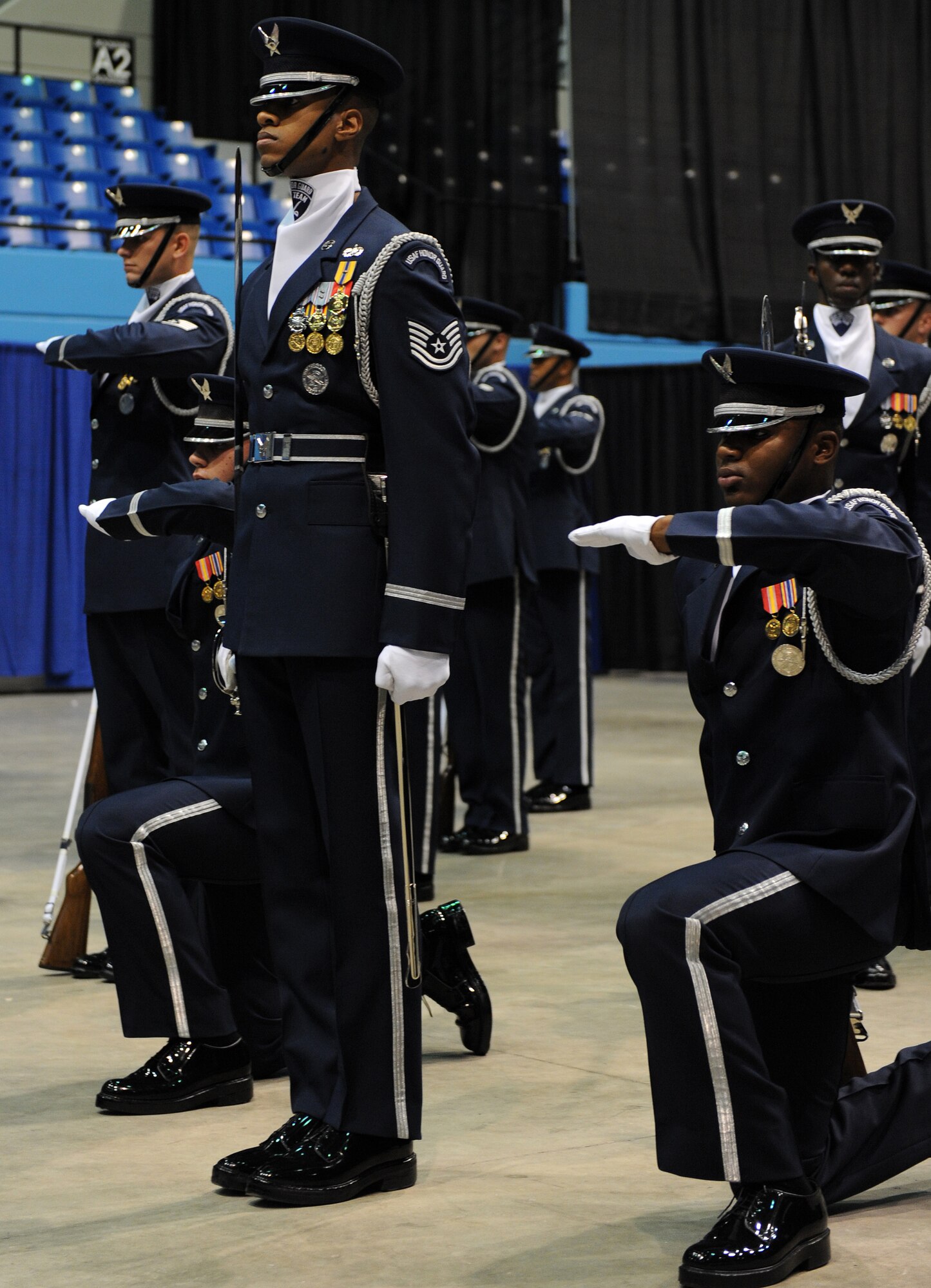 LANGELY AIR FORCE BASE, Va. -- LANGELY AIR FORCE BASE, Va. -- Members of the Air Force Honor Guard perform during the opening ceremony of Air Force Week at Hampton University April 18. The ceremony kicked off a week of activities that will allow the community an opportunity to meet Air Force members, see how they help protect America, and allow them to say "thank you" for their support. (U.S. Air Force photo/Airman 1st Class Zachary Wolf)