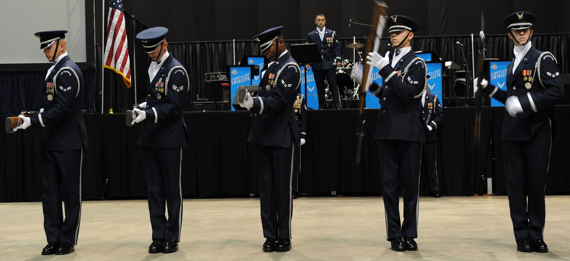 LANGELY AIR FORCE BASE, Va. -- Members of the Air Force Honor Guard perform during the opening ceremony of Air Force Week at Hampton University Apr. 18.  Air Force Week is a week of activities that will allow the community an opportunity to meet Air Force members, see how they help protect America, and allow them to say "thank you" for their support.  (U.S. Air Force photo/Airman 1st Class Zachary Wolf)
