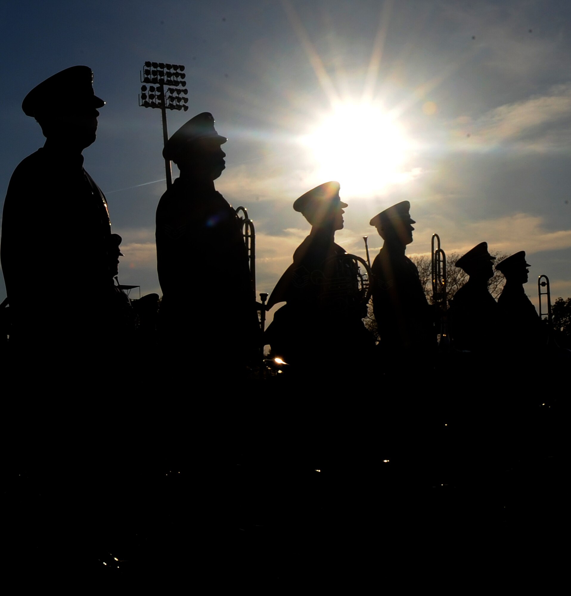 LANGLEY AIR FORCE BASE, Va. --  Members of the Air Force Heritage Band stand ready to play during the Air Force Week's opening ceremony at Hampton University April 18.  The ceremony kicked off a week of activities that will allow the community an opportunity to meet Air Force members, see how they help protect America, and allow them to say "thank you" for their support.  (U.S. Air Force photo/Airman 1st Class Zachary Wolf) 