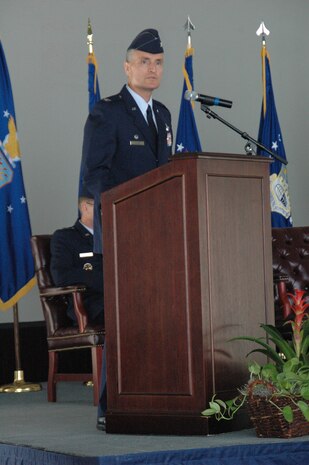 Col. Steven Chapman, the new commander of the 315th Airlift Wing here at Charleston Air Force Base, speaks to the men and women of the 315th AW for the first time during the change of command ceremony April 19. (U.S. Air Force photo by Senior Airman Dani Pacheco)