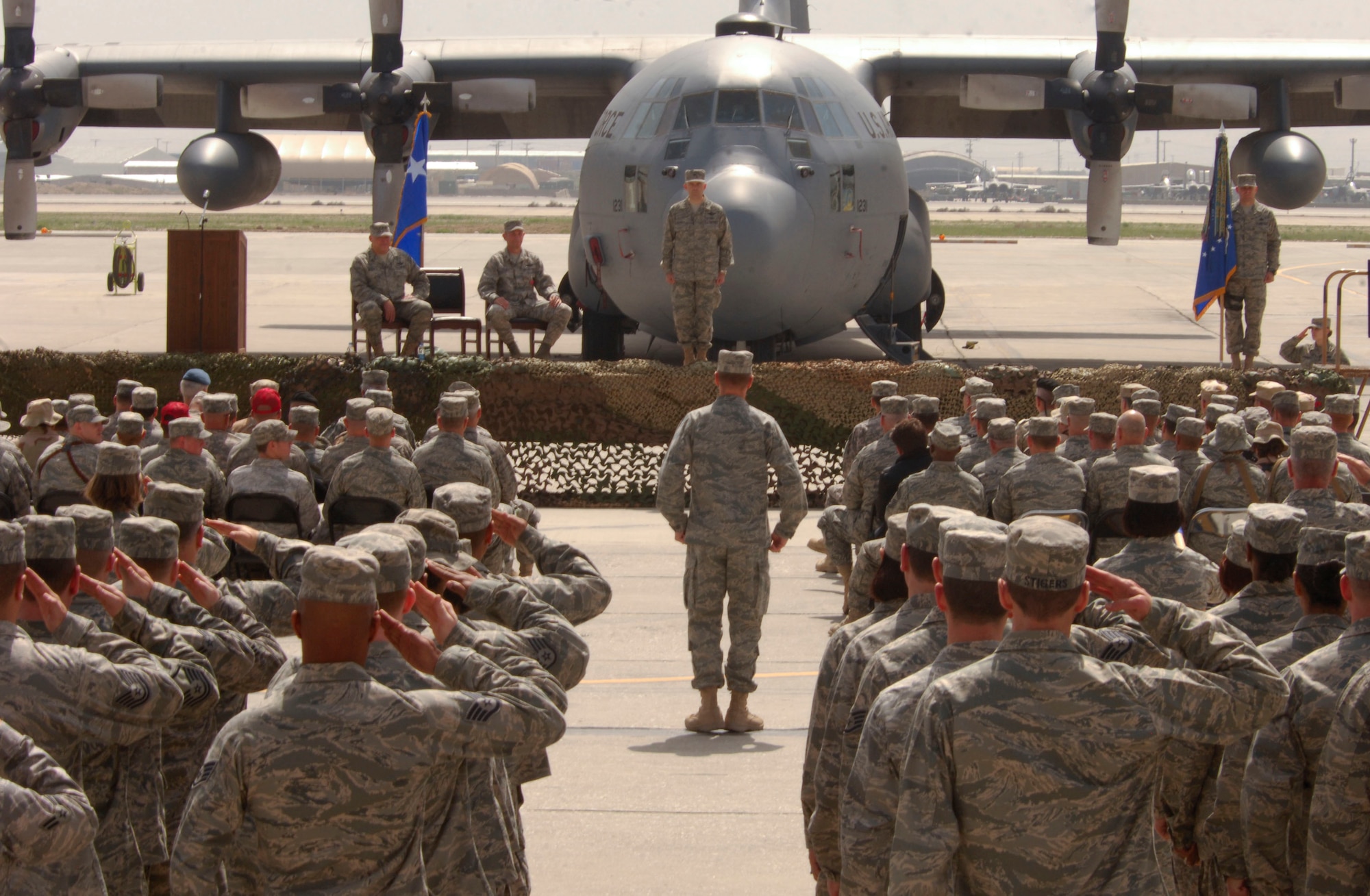 Col. Steven Kwast, 455th Air Expeditionary Wing Commander, receives his first salute from Airmen of the 455th AEW during the Change of Command ceremony at Bagram Air Field, Afghanistan, April 18. (U.S. Air Force photo/Senior Airman Erik Cardenas) (Released)