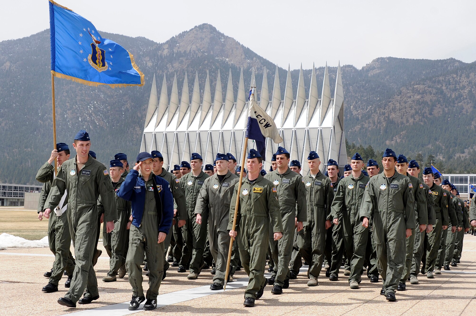 Cadet for a Day Joe Hayford leads cadet squadron 4 at the noon meal formation at the U.S. Air Force Academy. Cadet Hayford's three-day visit included numerous events sponsored by the cadet squadron,  and organized by the Make-A-Wish foundation.  (U.S. Air Force photo/Mike Kaplan)