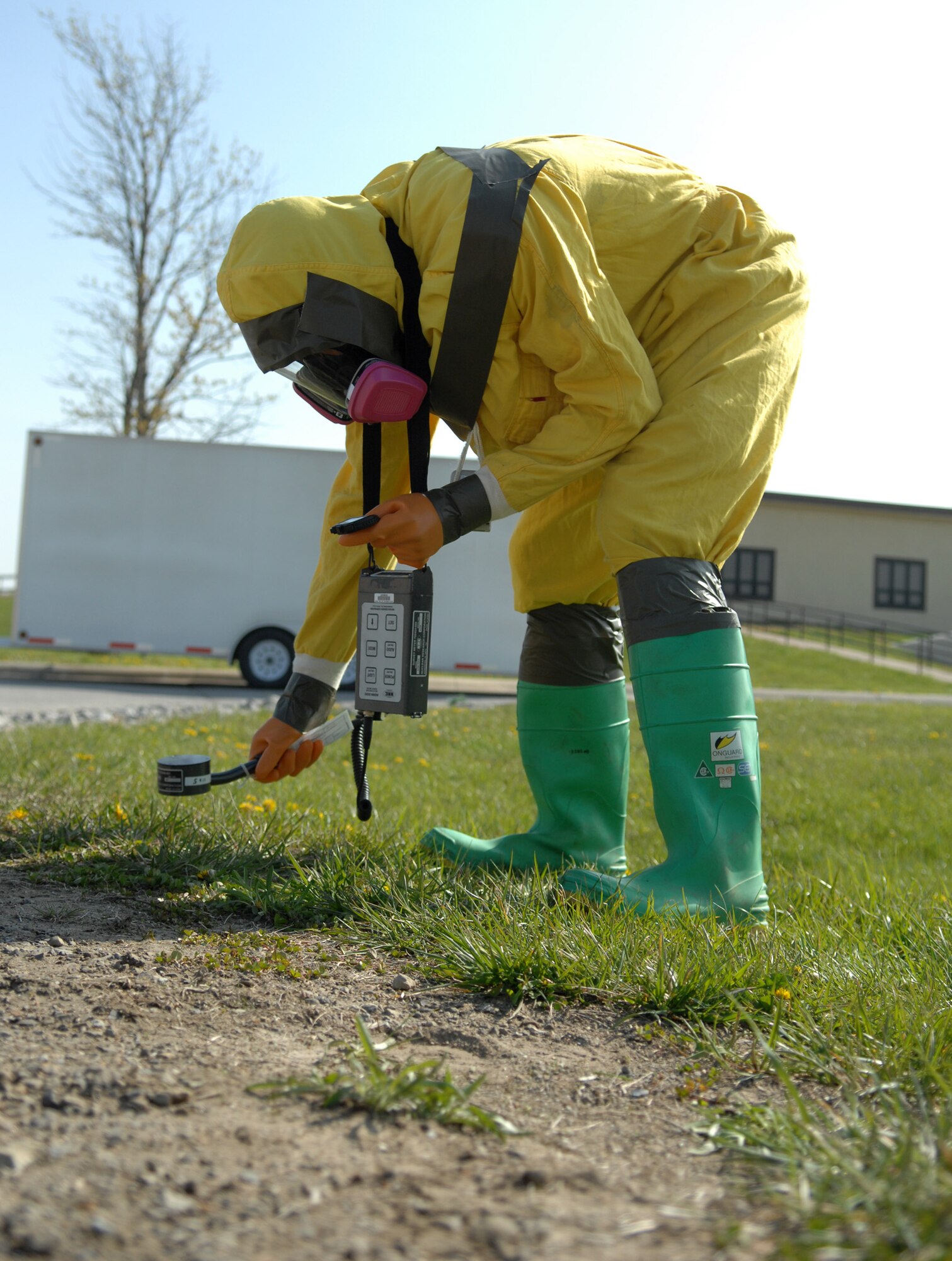 WHITEMAN AIR FORCE BASE, Mo. – Airman 1st Class Eric Hayes, 509th Bioenvironmental Engineering, takes beta radiation readings for a nuclear incident during an exercise scenario April 17 for the 2009 Air Combat Command Chemical, Biological, Radiological and Nuclear Challenge. The competition purpose is to anticipate, recognize, evaluate and control full spectrum hazards. (U.S. Air Force photo/Senior Airman Stephen Linch)