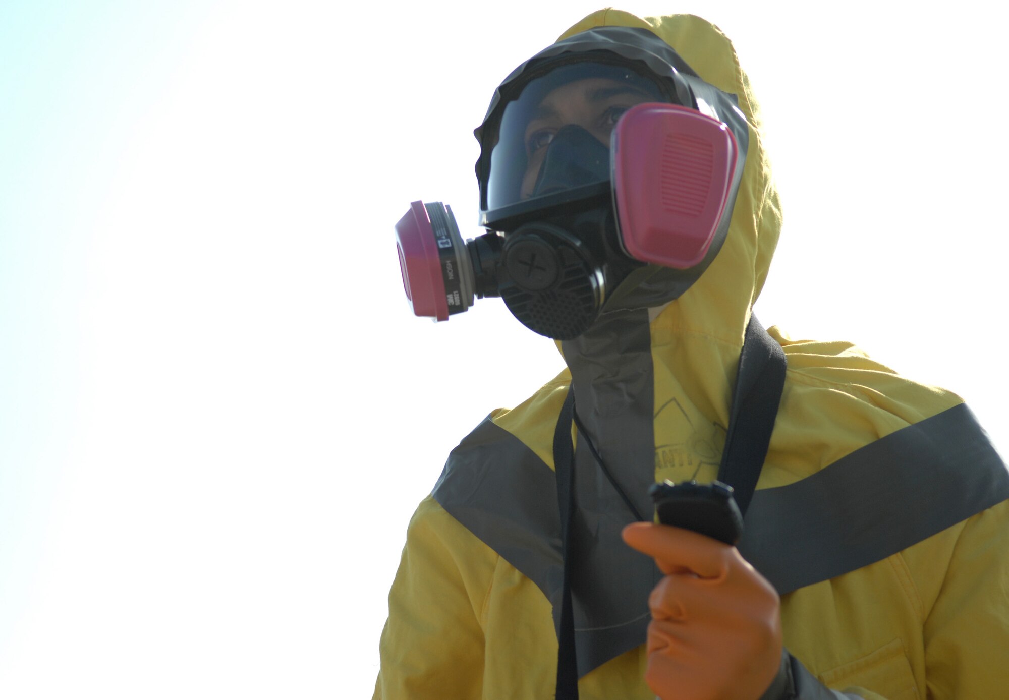WHITEMAN AIR FORCE BASE, Mo. - Airman 1st Class Eric Hayes, 509th Bioenvironmental Engineering, checks his equipment April 17 during an exercise scenario for the 2009 Air Combat Command Chemical, Biological, Radiological and Nuclear Challenge. The competition purpose is to anticipate, recognize, evaluate and control full spectrum hazards. (U.S. Air Force photo/Senior Airman Stephen Linch)