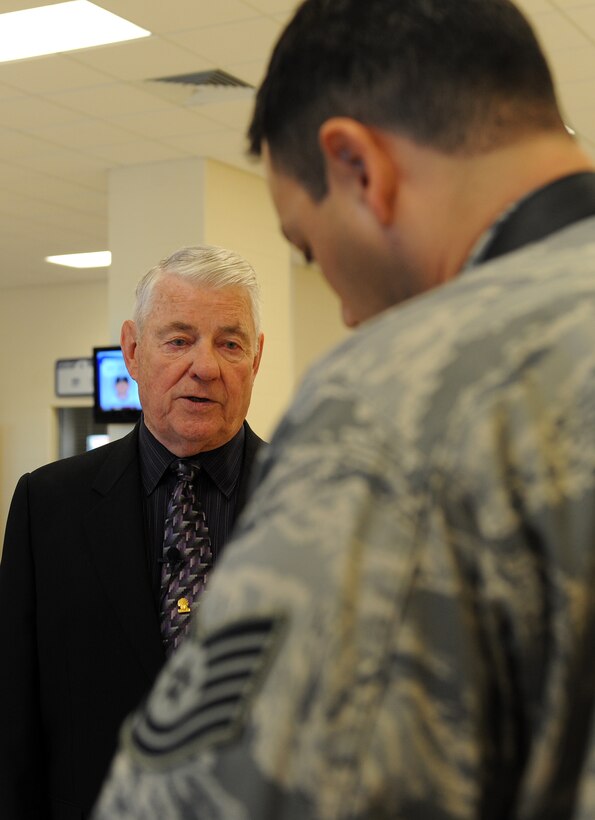 LANGLEY AIR FORCE BASE, Va. -- Retired Chief Master Sgt. of the Air Force Robert D. Gaylor is interviewed by Tech. Sgt. Matthew McGovern, Defense Media Activity,  after Hampton Roads Air Force Week's Honoring America's Veterans ceremony April 20.  Air Force Week is the Air Force's chance to thank those who support the military through a variety of free events.  (U.S. Air Force photo/Airman 1st Class Zachary Wolf)
