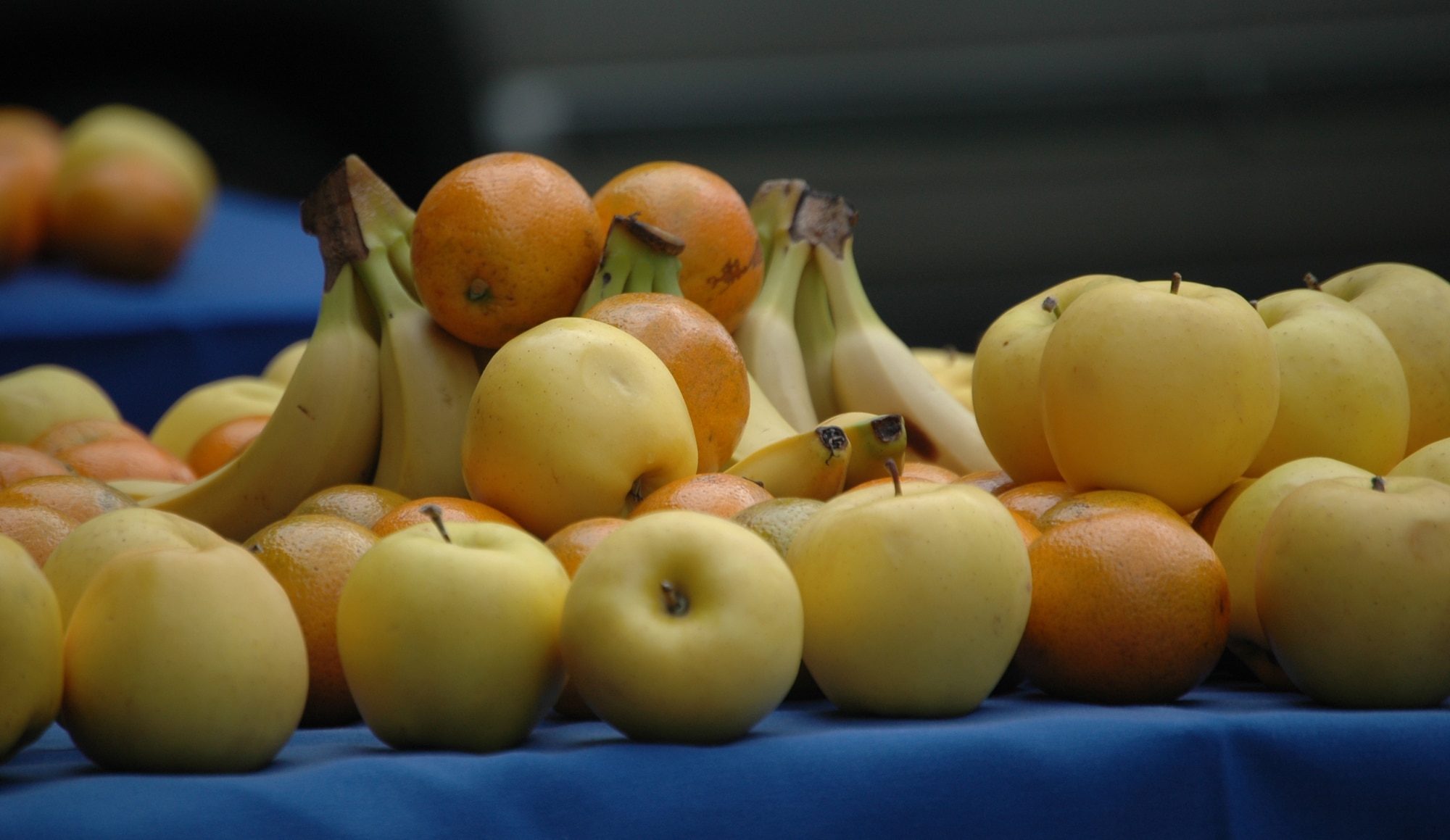 A large display of fruit stands ready to be plucked by participants of the 325th Force Support Squadron's "Spring Fling" event April 17. The main theme of the event was healthy living, so all food provided stayed consistent with health-minded dieting. Other foods featured were lean burgers and grilled chicken served on whole wheat buns, vegetable pasta and baked chips, as well as water, tea and diet drinks. All food was provided and prepared by staff members of the club and Berg-Liles Dining Facility. (U.S. Air Force photo/Staff Sgt. Joshua Stevens)