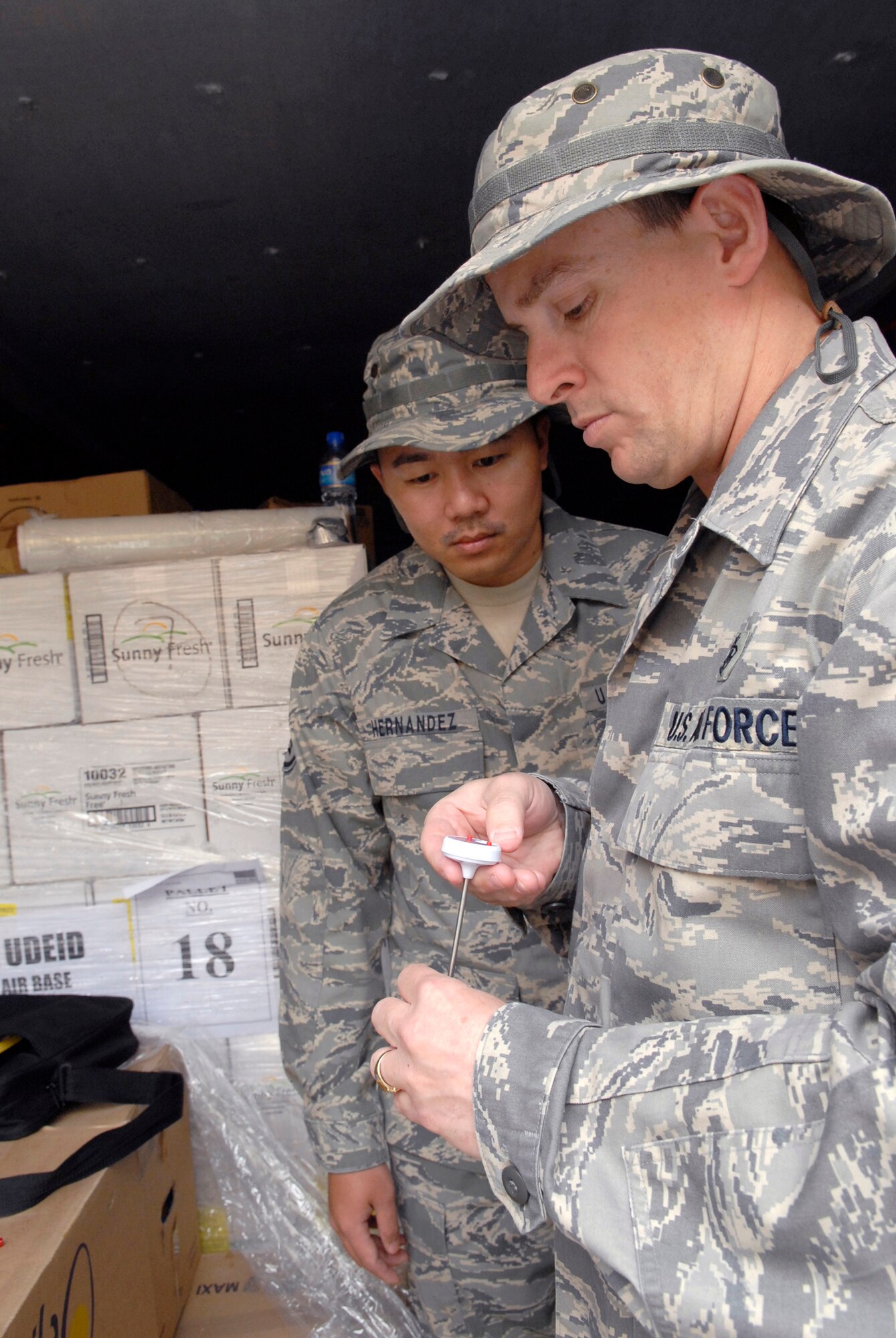 Staff Sgt. Rommel Hernandez, 379th Expeditionary Medical Group (EMDG) public health inspector, and Tech. Sgt. Duwayne Foster, 379th EMDG NCO in charge of public health, take the temperature of an egg to ensure it is properly refrigerated during their monthly dining facility inspection, Apr. 18, 2009, at an undisclosed location in Southwest Asia.  The Public Health office inspects the dining facilities, checks personnel medical records, and provides medical intelligence for forward deployers.  Sergeant Hernandez hails from Arlington, Va.  Sergeant Foster hails from Mobile, Ala.  Both are deployed from Keesler Air Force Base, Miss. in support of Operations Iraqi and Enduring Freedom and Combined Joint Task Force - Horn of Africa.  (U.S. Air Force photo/Senior Airman Andrew Satran/released)