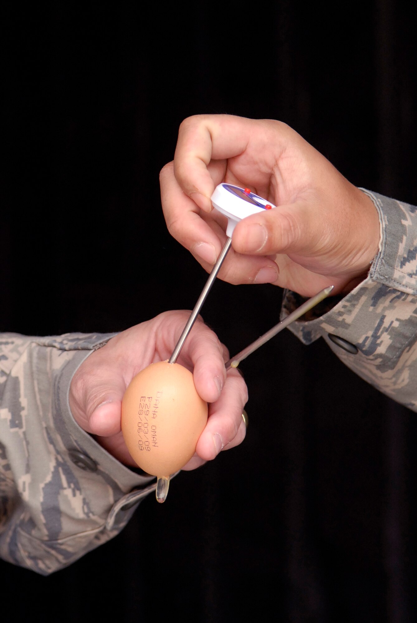 Staff Sgt. Rommel Hernandez, 379th Expeditionary Medical Group (EMDG) public health inspector, and Tech. Sgt. Duwayne Foster, 379th EMDG NCO in charge of public health, take the temperature of an egg to ensure it is properly refrigerated during their monthly dining facility inspection, Apr. 18, 2009, at an undisclosed location in Southwest Asia.  The Public Health office inspects the dining facilities, checks personnel medical records, and provides medical intelligence for forward deployers.  Sergeant Hernandez hails from Arlington, Va.  Sergeant Foster hails from Mobile, Ala.  Both are deployed from Keesler Air Force Base, Miss. in support of Operations Iraqi and Enduring Freedom and Combined Joint Task Force - Horn of Africa.  (U.S. Air Force photo/Senior Airman Andrew Satran/released)