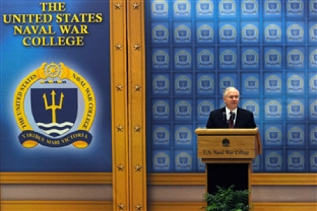 Defense Secretary Robert M. Gates gives remarks to students and faculty of the U.S. Naval War College in Newport, R.I., April 17, 2009. 