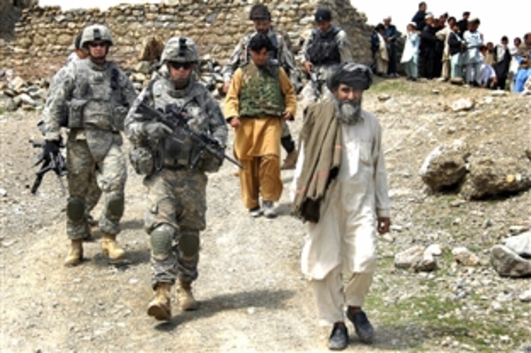 U.S. Army 1st. Lt. Christopher Kittle, left, walks with a community member to the site of a leader engagement in Tur Kheyl, Afghanistan, April 17, 2009. Kittle is assigned to Company D, 1st Battalion, 501st Parachute Infantry Regiment.