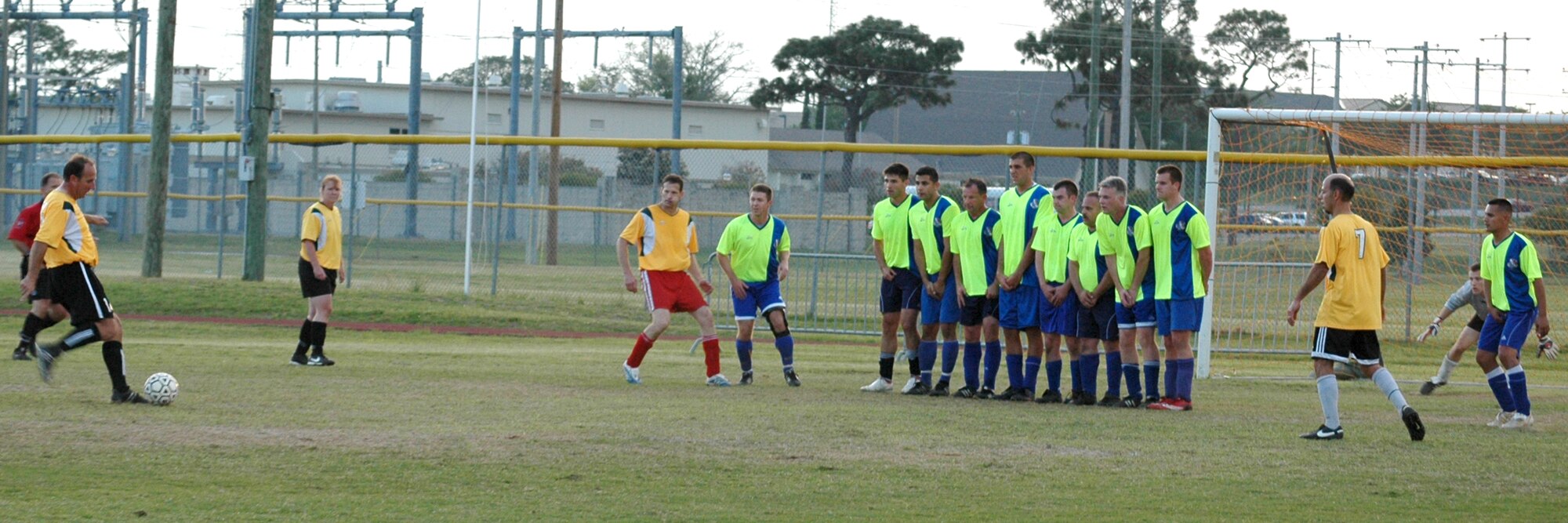 EGLIN AIR FORCE BASE, Fla. -- A player from the 46th Test Wing prepares to kick a penalty kick, resulting in a score that would send the game into overtime. The 53rd Wing team were crowned champions when the met the 46th Test Wing at the base Intramural Soccer Chamionship, after winning in a sudden death shootout in overtime April 16. (U.S. Air Force photo/ Airman Anthony Jennings)