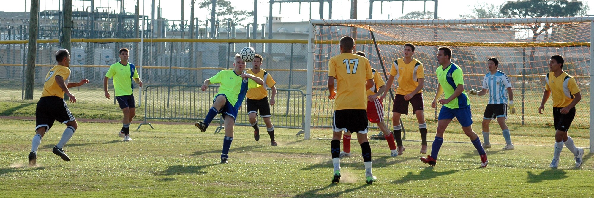 EGLIN AIR FORCE BASE, Fla. -- A player from the 53rd Wing kicks the ball towards the opposing team's goal. The 53rd were crowned champions when the met the 46th Test Wing at the base Intramural Soccer Chamionship, after winning in a sudden death shootout in overtime April 16. (U.S. Air Force photo/ Airman Anthony Jennings)