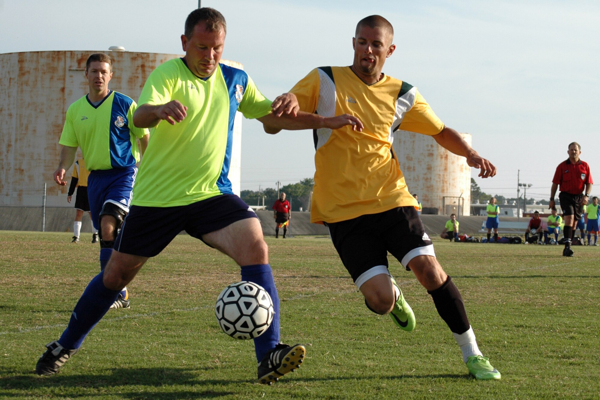 EGLIN AIR FORCE BASE, Fla. -- Players from the 46th Test Wing and the 53rd Wing battle for control of the ball. The 53rd were crowned champions when the met the 46th Test Wing at the base Intramural Soccer Chamionship, after winning in a sudden death shootout in overtime April 16. (U.S. Air Force photo/ Airman Anthony Jennings)