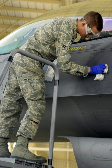 Airman 1st Class Curtis Betz cleans the F-16 aircraft of Col. Joseph Guastella, 20th Fighter Wing commander, at Shaw AFB, S.C., April 16, 2009.  (U.S. Air Force photo by Senior Airman Kathrine McDowell/Released)