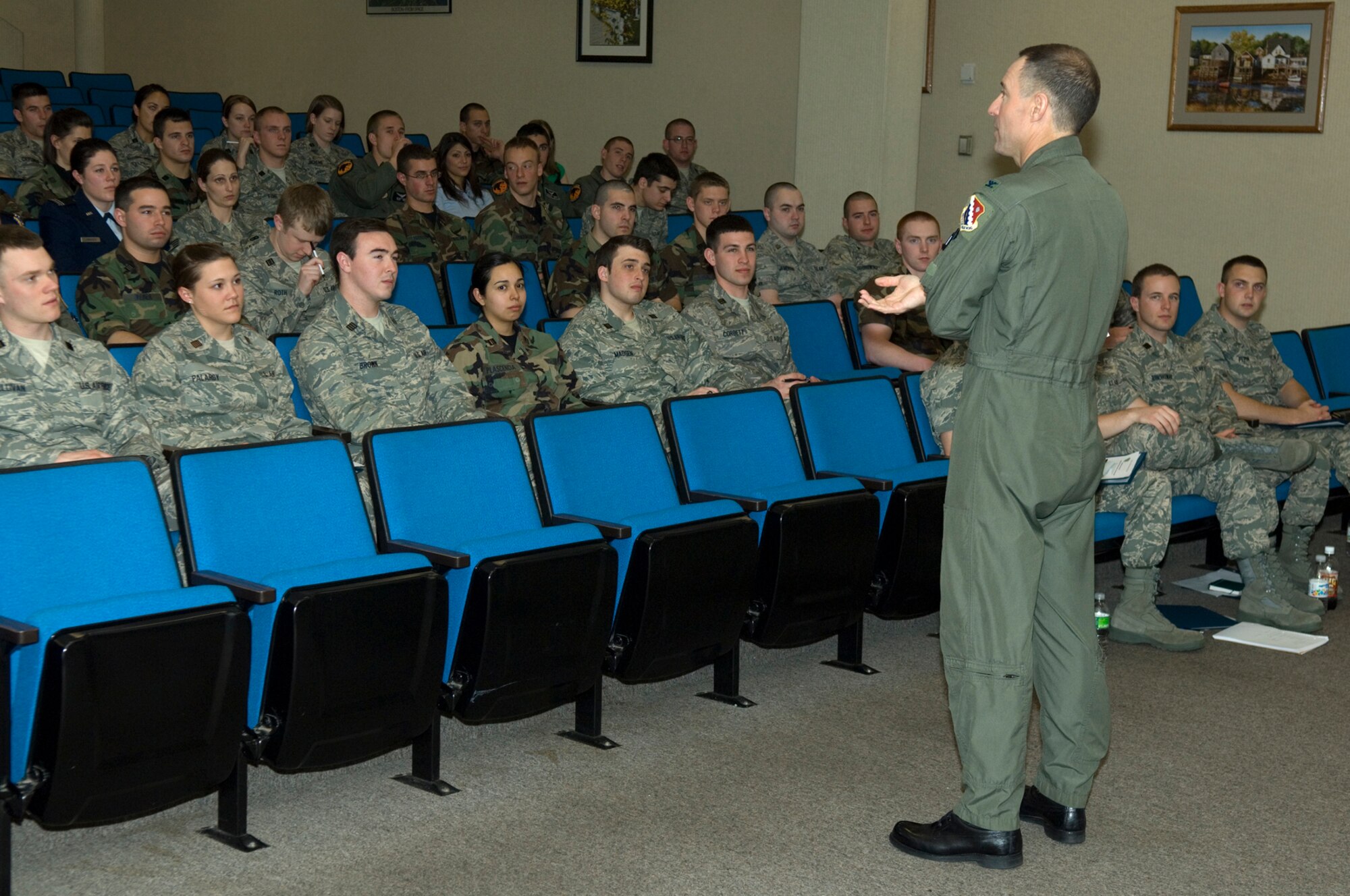 HANSCOM AIR FORCE BASE, Mass. – Col. Dave Orr, 66th Air Base Wing commander, speaks to graduating seniors from ROTC detachments across the New England area during the Smooth Move, Life in the Military informational seminar sponsored by the Airman and Family Readiness Center on April 15. The annual event helps students make the transition from college to active-duty life. (U.S. Air Force photo by Rick Berry) 