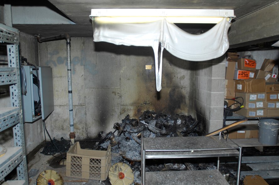 MINOT AIR FORCE BASE, N.D. -- A pictures from a recent fire which did $20,000 in damages to a building on base here. The fire could have been prevented by utilizing some basic spring cleaning and safety procedures. (Courtesy photo)
