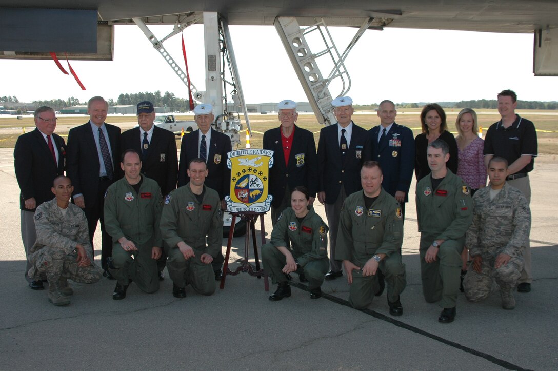 Members of the Doolittle Raiders along military members from Ellsworth Air Force Base pose for a group photo during the 67th Raider Reunion in Columbia, S.C., April 17. The Doolittle Raiders were drawn from the World War II version of the 95th, 34th, 37th and the 89th reconnaissance squadrons of the 17th Bomb Group. (U.S. Air Force courtesy photo)