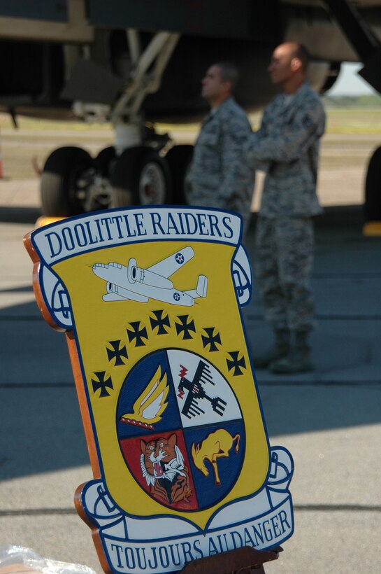 Airmen look at a B-1B Lancer displayed in honor of five of the nine surviving Doolittle Raiders during the 67th Raider Reunion in Columbia, S.C., April 17. On April 18, 1942, the Doolittle Raiders, led by then-Lt. Col. Jimmy Doolittle, became the first to bombard Japan following the attack on Pearl Harbor. (U.S. Air Force photo/Capt. Kaylene Giri)