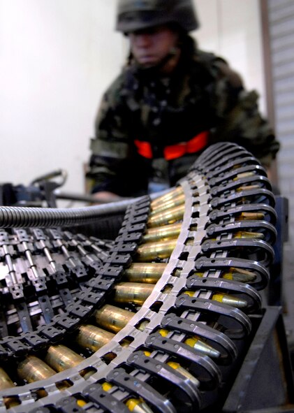 More than 4,000 F-16 Falcon 20mm rounds are loaded into a universal ammunition loading system during Operational Readiness Inspection BEVERLY BEARCAT 09-03, April 20. ORIs are conducted to evaluate and measure the ability of units with a wartime, contingency, or force sustainment mission to perform their assigned operational missions.  (U.S. Air Force photo/Staff Sgt. Brian Ferguson)