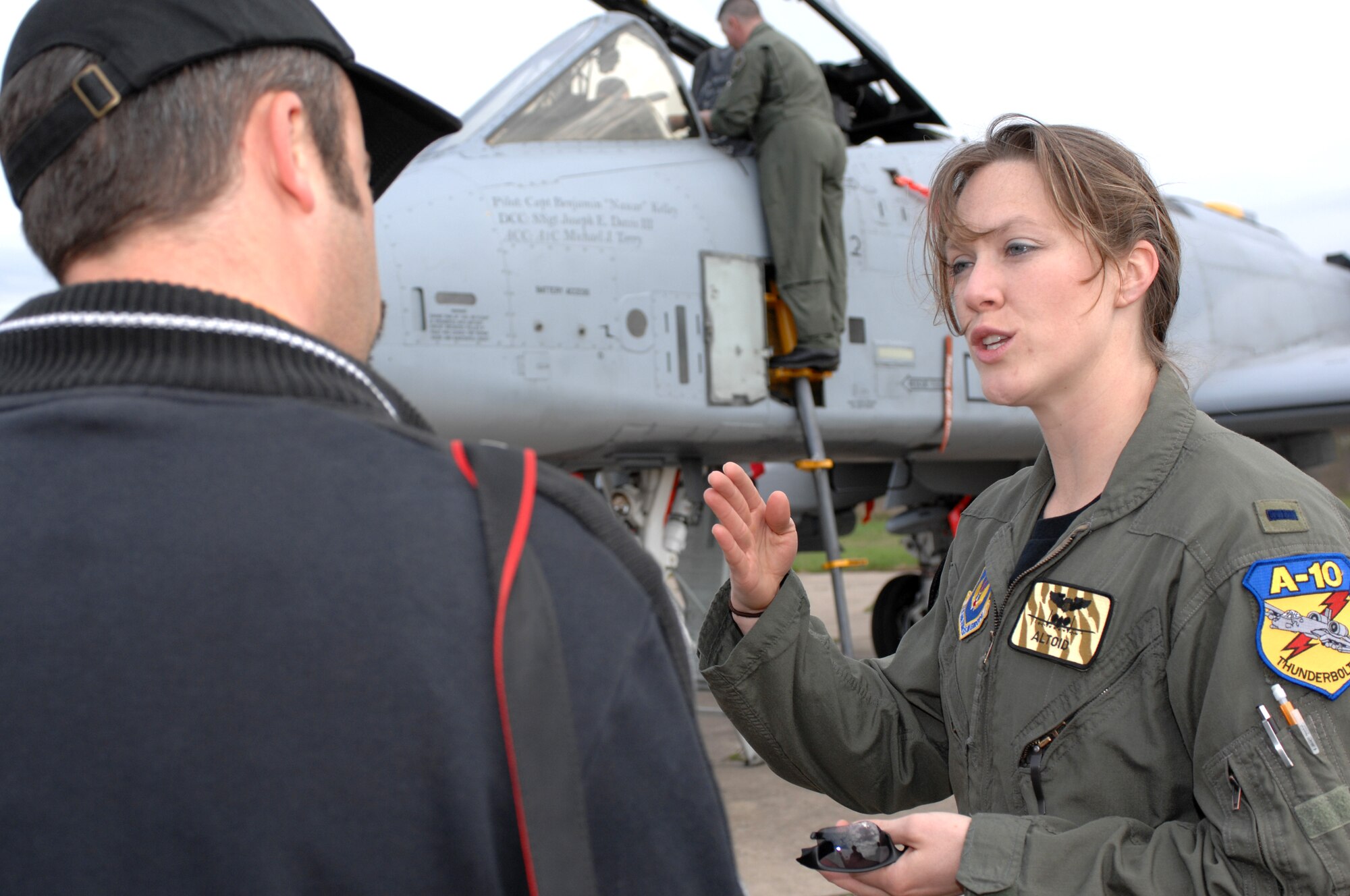 BEZMER AIR BASE, Bulgaria – 1st Lt. Priscilla “Altoid” Giddings, 81st Fighter Squadron A-10 pilot, answers questions to a Bulgarian reporter about being one of only four active-duty female A-10 pilots in the Air Force during the “Reunion April 2009” media day April 15, 2009.  (U.S. Air Force photo by Master Sgt. Bill Gomez) 