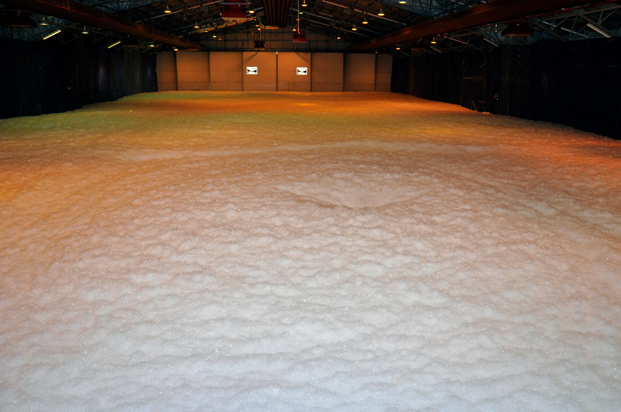 ROYAL AIR FORCE LAKENHEATH -- Hangar 7 filled with more than six feet of foam here April 20, 2009. The hangar had to be filled with three feet of foam in under four minutes to pass the Fire Suppression System certification. (U.S. Air Force photo by Airman 1st Class Perry Aston) (Released)