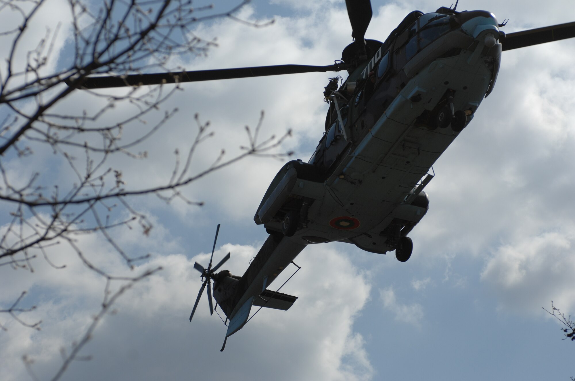 NOVO SELO RANGE, Bulgaria – A Bulgarian AS-532AL Cougar helicopter hovers overhead in search of simulated downed NATO pilots April 15, 2009.  The helicopters were used to support “Reunion April 2009,” a joint combat search and rescue training exercise between the U.S. and Bulgarian Air Forces. (U.S. Air Force photo by Master Sgt. Bill Gomez) 