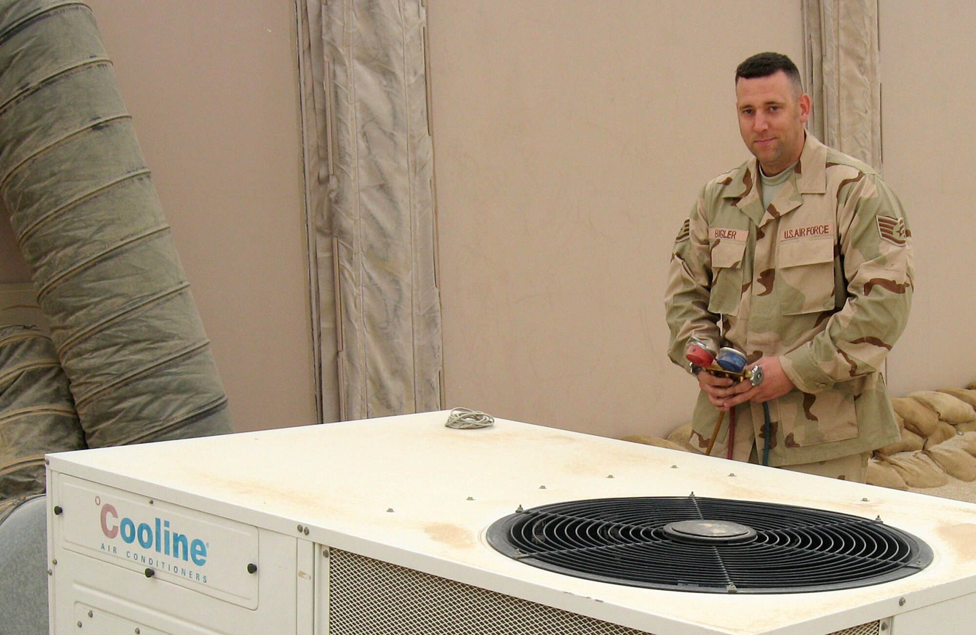 SOUTHWEST ASIA -- Staff Sgt. Shaun Michael Bigler, 386th Expeditionary Civil Engineer Squadron Heating Ventilation Air Conditioning technician is deployed from the 110th Fighter Wing at Battle Creek, Mich. (U.S. Air Force courtesy photo)