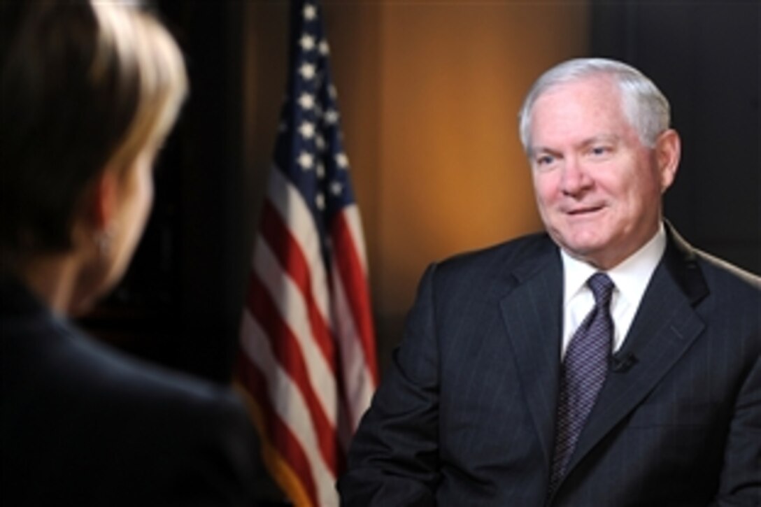 U.S. Defense Secretary Robert M. Gates responds to a question by Katie Couric, CBS anchor and 60 Minutes correspondent, who interviewed Gates at the Pentagon, April 21, 2009.