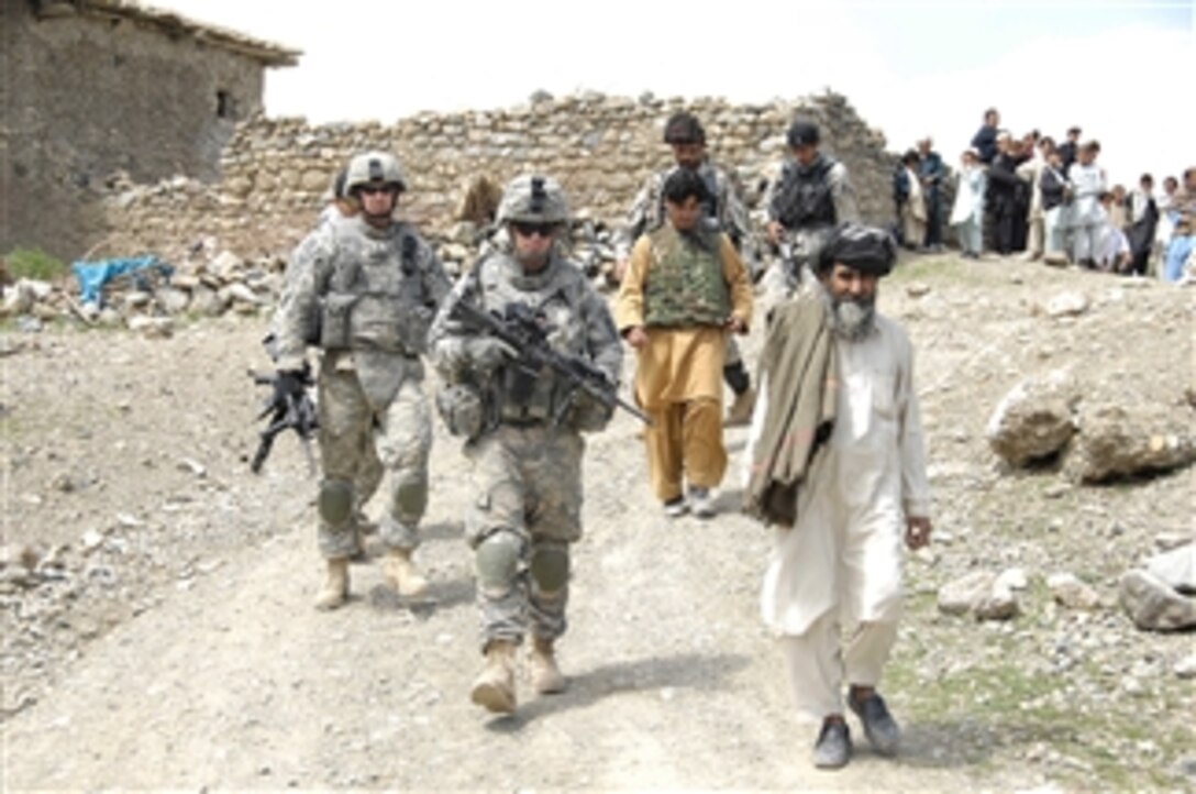 U.S. Army 1st. Lt. Christopher Kittle (2nd from right) walks with a community member to the site of a key leader engagement in Tur Kheyl, Afghanistan, on April 17, 2009.  Kittle is assigned to Delta Company, 1st Battalion, 501st Parachute Infantry Regiment, Task Force Steel.  