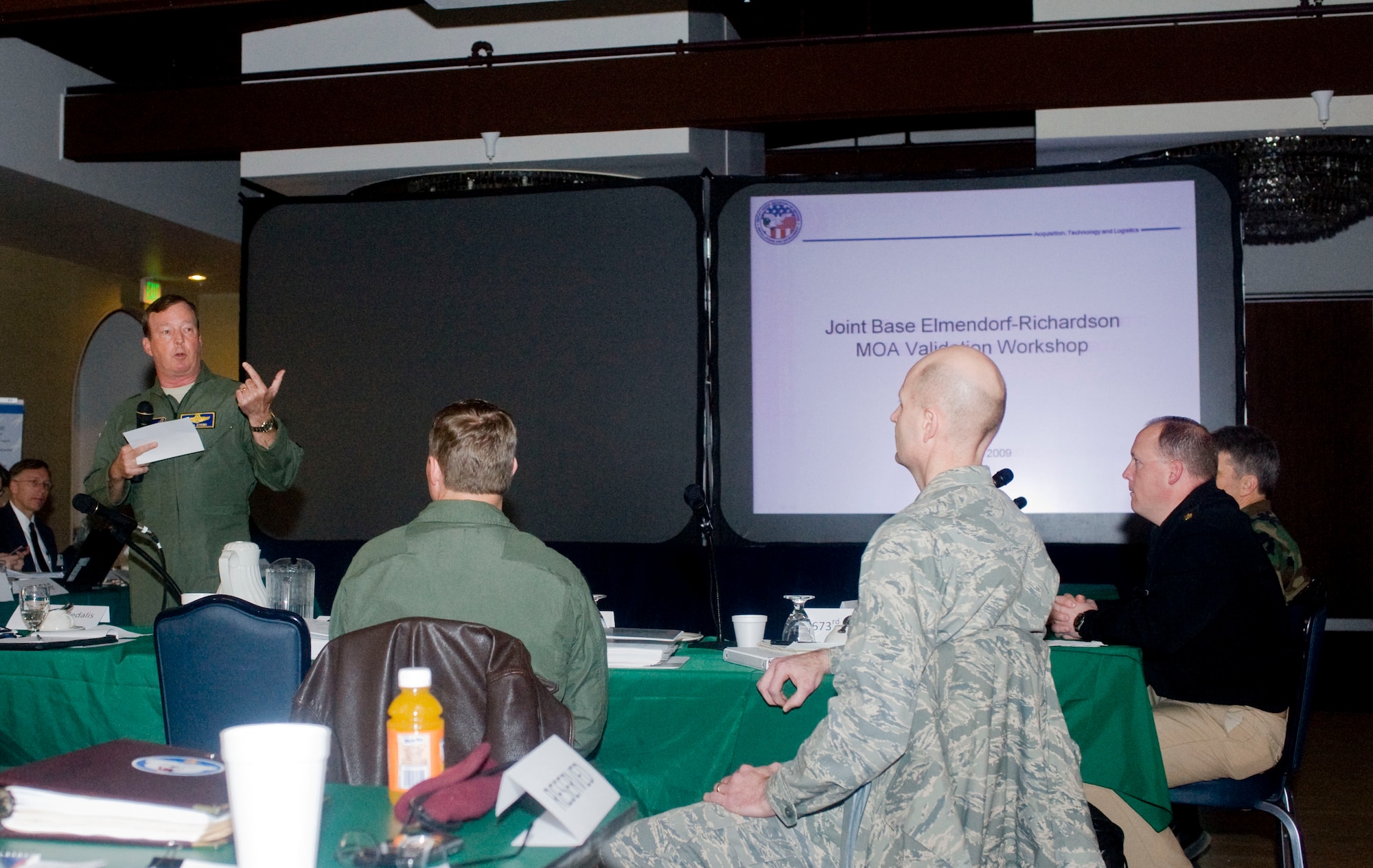 ELMENDORF AIR FORCE BASE, Alaska-- Lt. Gen. Dana Atkins, Commander of Alaskan Command, kicks off the Joint Base Elmendorf Richarson Memorandum of Agreement workshop April 21, 2009. Atkins talks about how the JBER operation should be moving foward.(U.S. Air Force photo by Senior Airman Jonathan Steffen)
