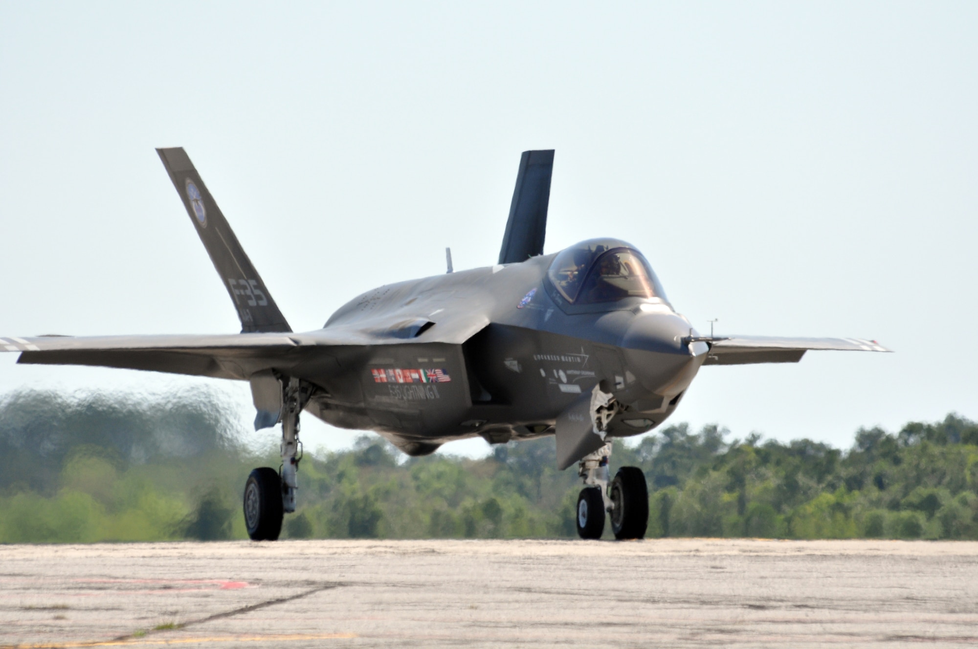 EGLIN AIR FORCE BASE, Fla. -- The Department of Defense's newest fighter, the F-35 Lightning II, also known as the Joint Strike Fighter, touched down at Eglin April 22. This was the first time the aircraft visited Eglin. The visit was to showcase the aircraft to the local community and Eglin personnel. Eglin will be the future home of the JSF traininf facility. (U.S. Air Force photo/ Airman Anthony Jennings)