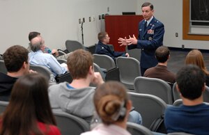 LANGLEY AIR FORCE BASE, Va. -- Brig. Gen. Byron Hepburn, Assistant Surgeon General of the Air Force, speaks about aeromedical evacuations while providing an overview of the Air Force medical service to medical students April 22. The students are studying at Eastern Virginia Medical School in Norfolk, VA. (U.S. Air Force Photo by Tech. Sgt. Levi Collins)