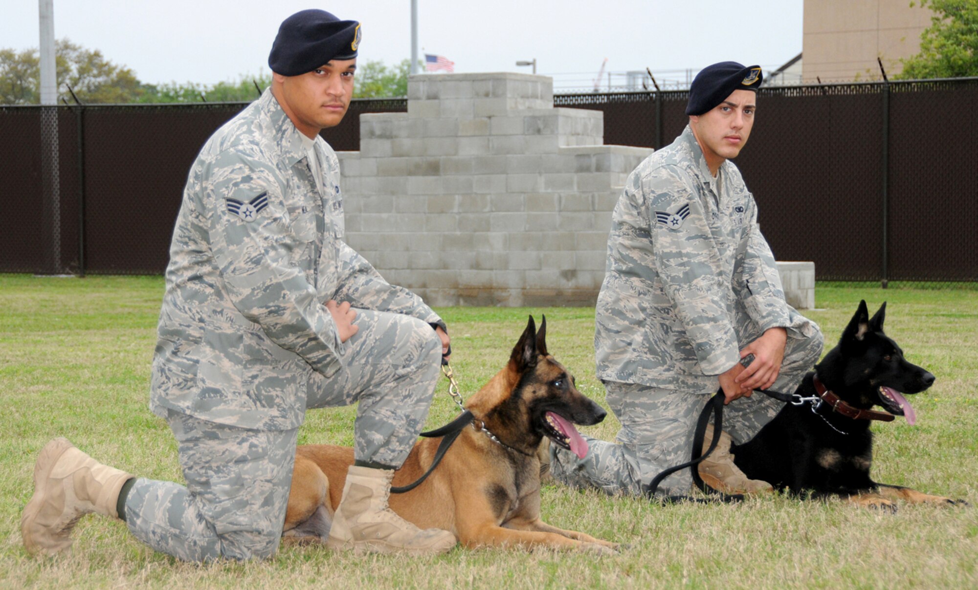 Senior Airmen Tony Neal, with his dog Carlos, and Carlos Orantes, with his dog Ares, have deployed to Iraq to serve with the U.S. Army for six months.  The 81st Security Forces Squadron members are involved in explosive detection and suppression, as well as patrol missions to search and clear areas of suspected insurgents.  Both Ares and Carlos are trained to detect explosives and physically attack anyone who poses a threat to coalition forces.  Another 81st SFS team, Staff Sgt. Benjamin Collins and his dog Densy, have been deployed for four months performing similar duties, in addition to assisting with joint military working dog training for the Republic of Kyrgyzstan and the Secret Service.  (U.S. Air Force photo by Kemberly Groue)
