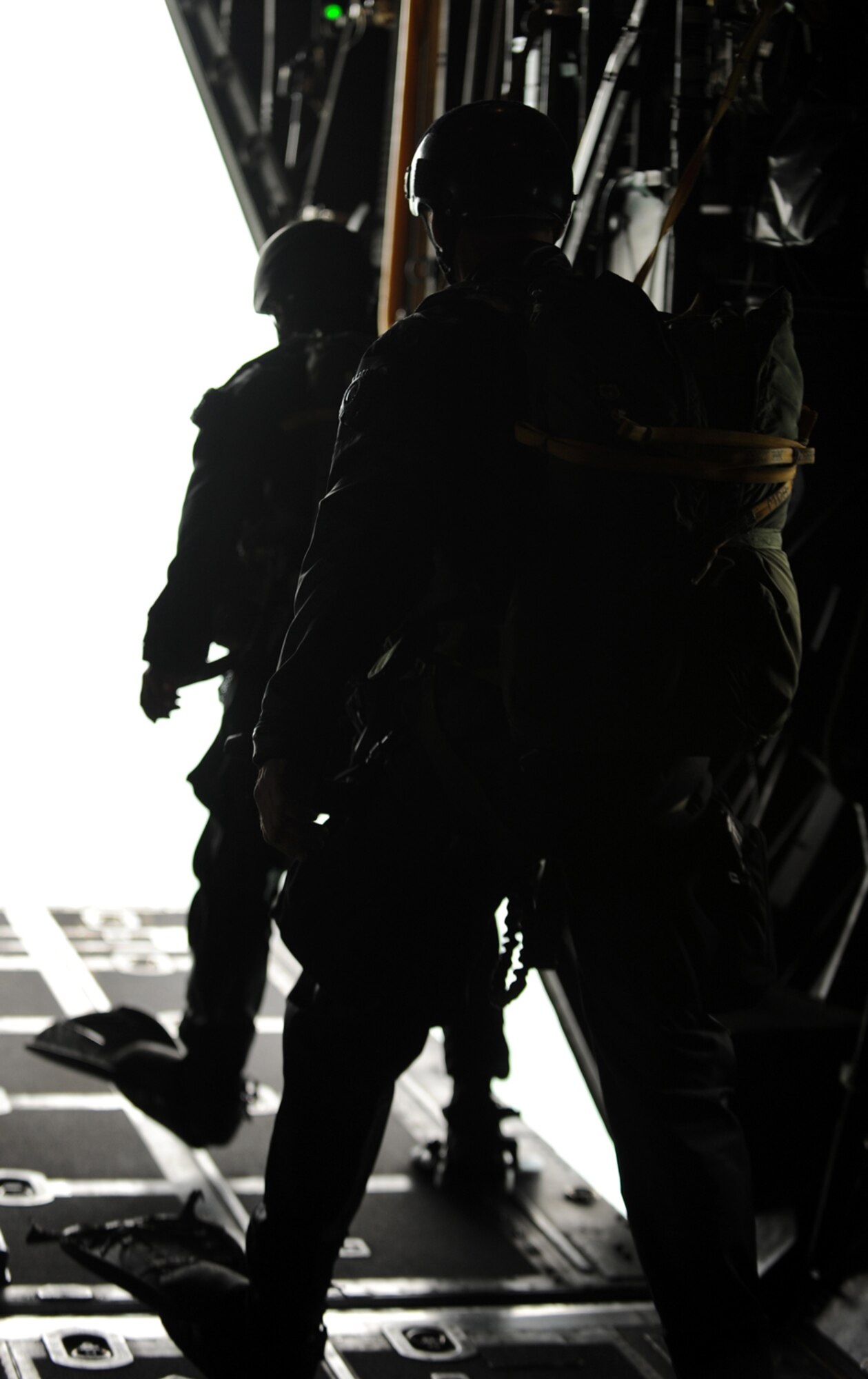 LANGLEY AIR FORCE BASE, Va. -- 38th Rescue Squadron pararescuemen, Moody Air Force Base, Ga., prepare to jump out of a 71st Rescue Squadron HC-130, also from Moody AFB, during the Joint Air Power Demonstration at the Virginia Beach boardwalk April 22. The demonstration showcased the critical role air power plays in the joint fight. (U.S. Air Force/Senior Airman Scott Aldridge)