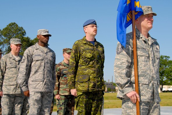 It’s not hard to spot Warrant Officer Jay McLaren in his uniform among his American classmates. Today, Warrant Officer McLaren became the first Canadian to graduate from the U.S. Air Force First Sergeants Academy at Gunter. (U.S. Air Force photo by Jamie Pitcher)