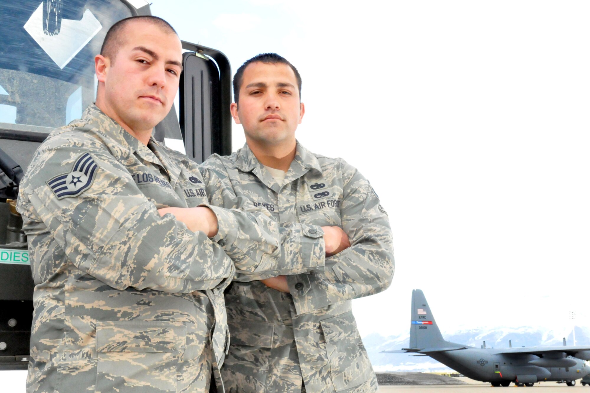 Staff Sgt. Brandon De Los Reyes (left) and his brother, Staff Sgt. Cody De Los Reyes, are both members of the 419th Fighter Wing's 67th Aerial Port Squadron. (U.S. Air Force photo/Staff Sgt. Kyle Brasier)