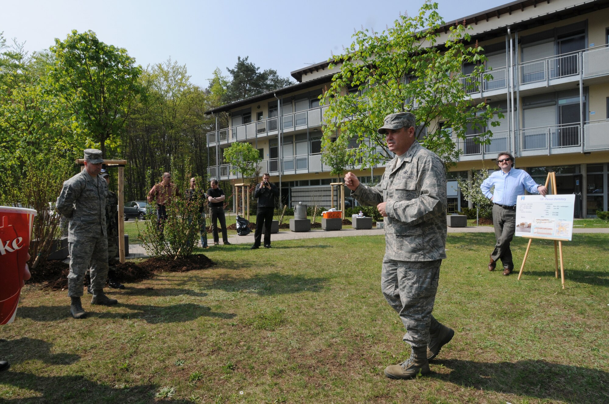 Col. Gus Green, 435th Air Base Wing vice commander, addresses participants at an Earth Day tree planting April 22 in front of the Ramstein Air Base medical dormitories. The first Earth Day was celebrated by about 20 million people in 1970. (U.S. Air Force photo by Senior Airman Levi Riendeau)